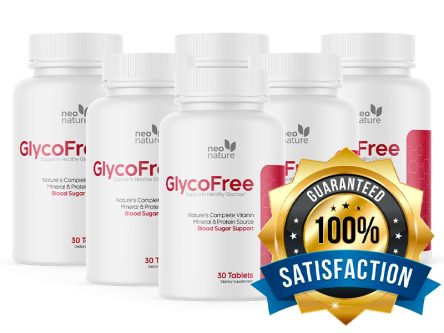 Visivra-Official-Website Six bottles of GlycoFree supplement with a 100% satisfaction guarantee seal